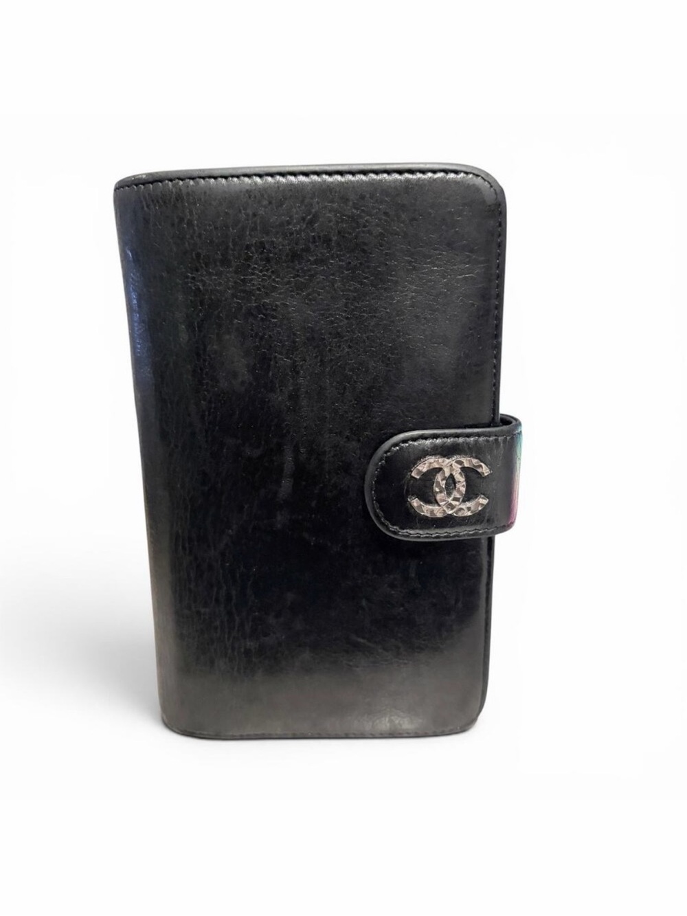 Chanel Black Lambskin Long Bifold Wallet Silver CC Snap Flap Zip Coin Pocket